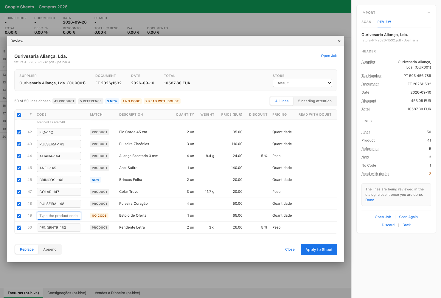 Review dialog of a scanned document on Google Sheets